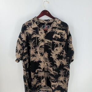 Vtg La Cabana Short Sleeve Tropical Hawaiian Button-Up‎ Shirt Black Beige Size L